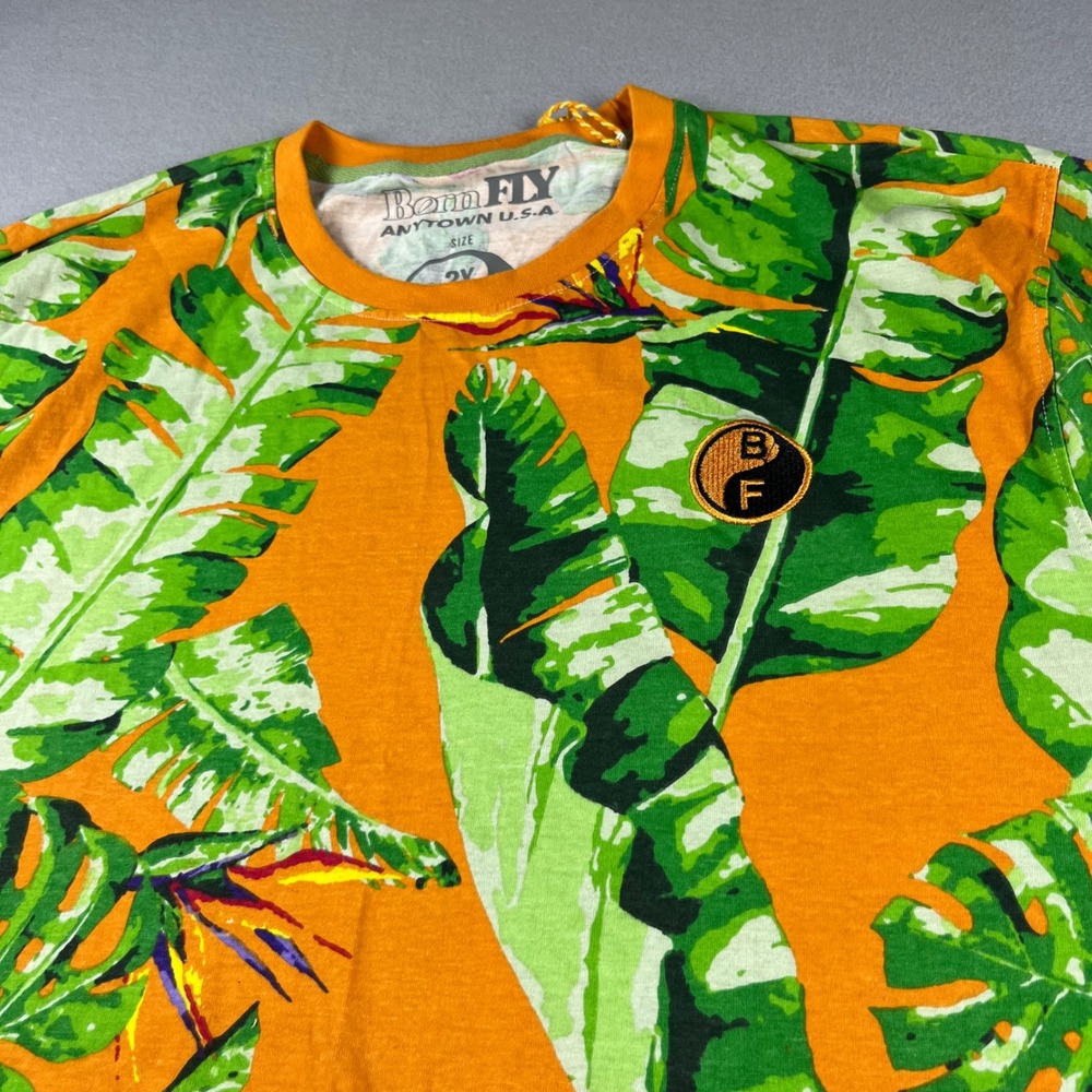 Born Fly Fly Paradise Mens 2X Orange Tropical Palm Leaf Bird of Paradise T-Shirt